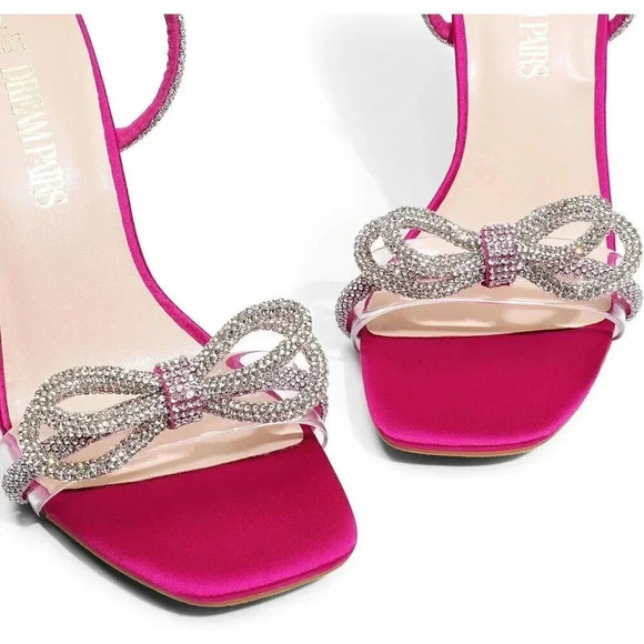 Women's Pink Double Bowknots Crystal Sandals Clear  Slingback Heels - Picture 5 of 7